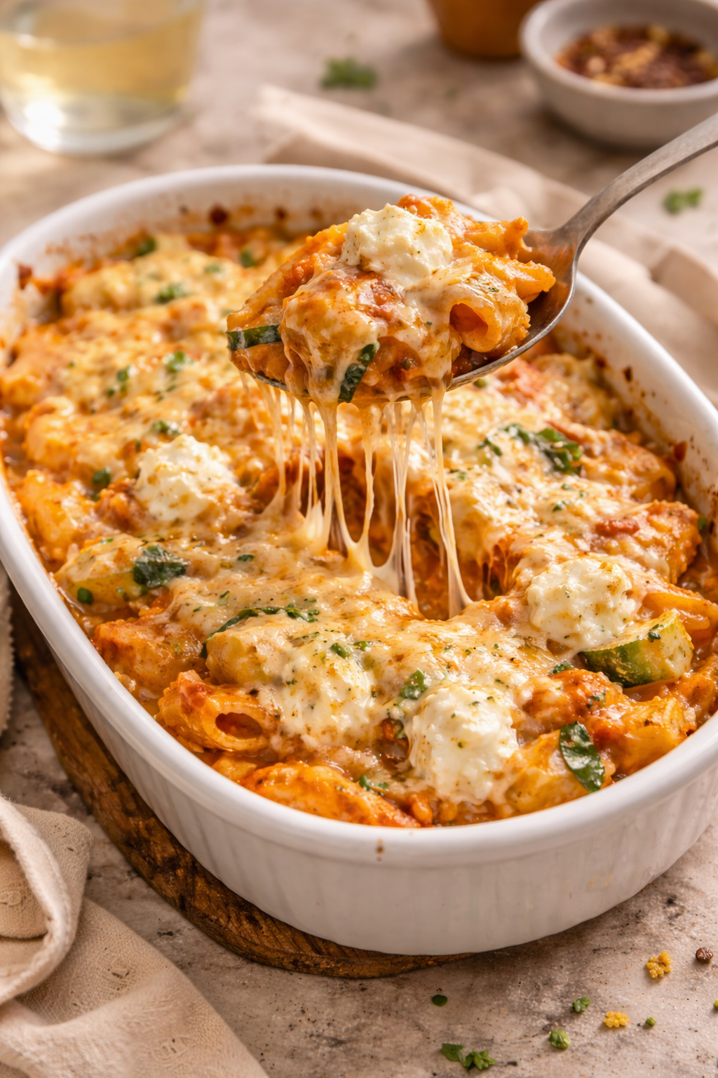 easy air fryer baked pasta dinner with melted cheese and minimal effort