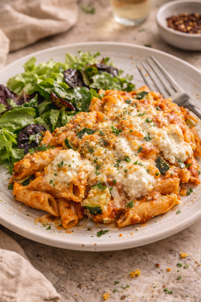 easy air fryer baked pasta served on a plate with a fresh green salad