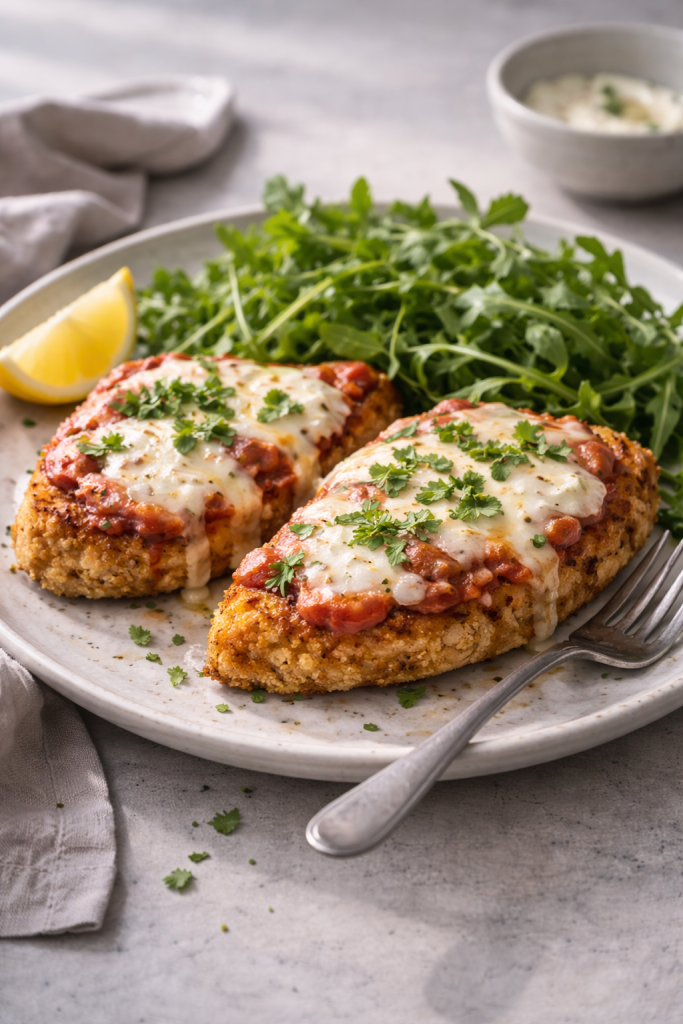 Easy air fryer chicken parmigiana with melted cheese for a no-effort dinner