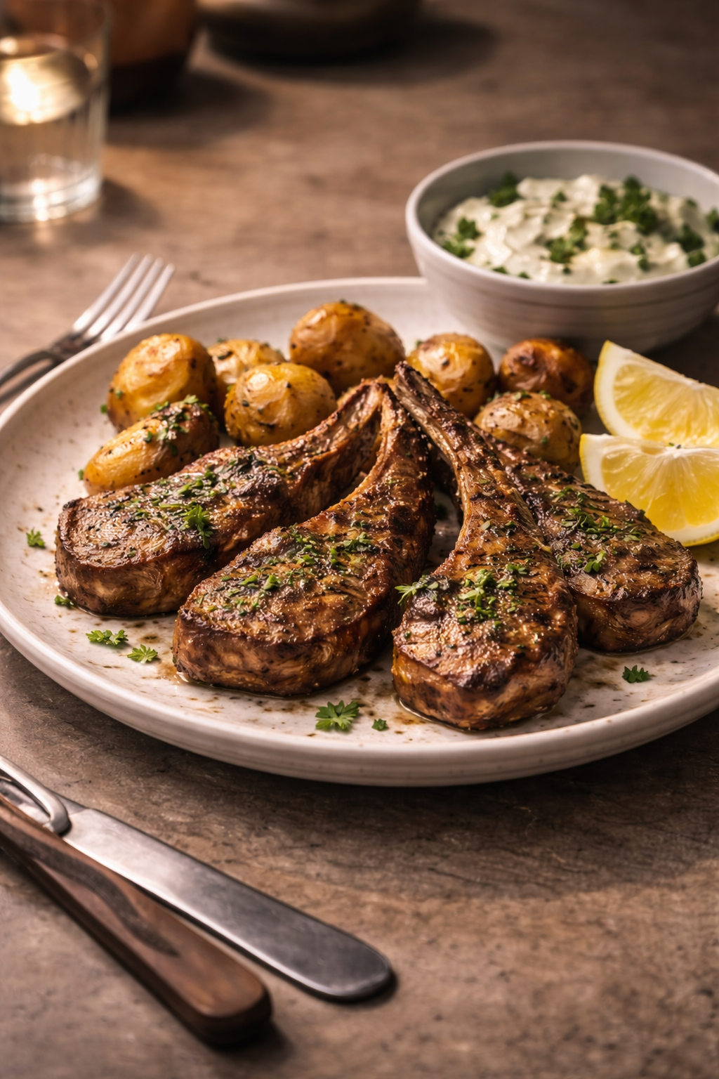 Easy air fryer lamb chops served as a savory dinner with herbs and lemon