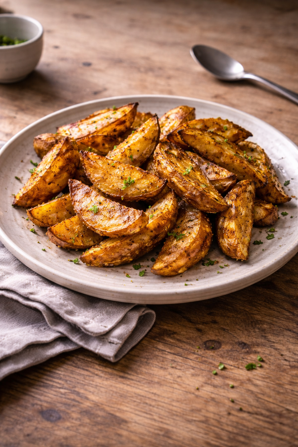 Crispy air fryer potato wedges made quickly for an easy and cheap homemade meal