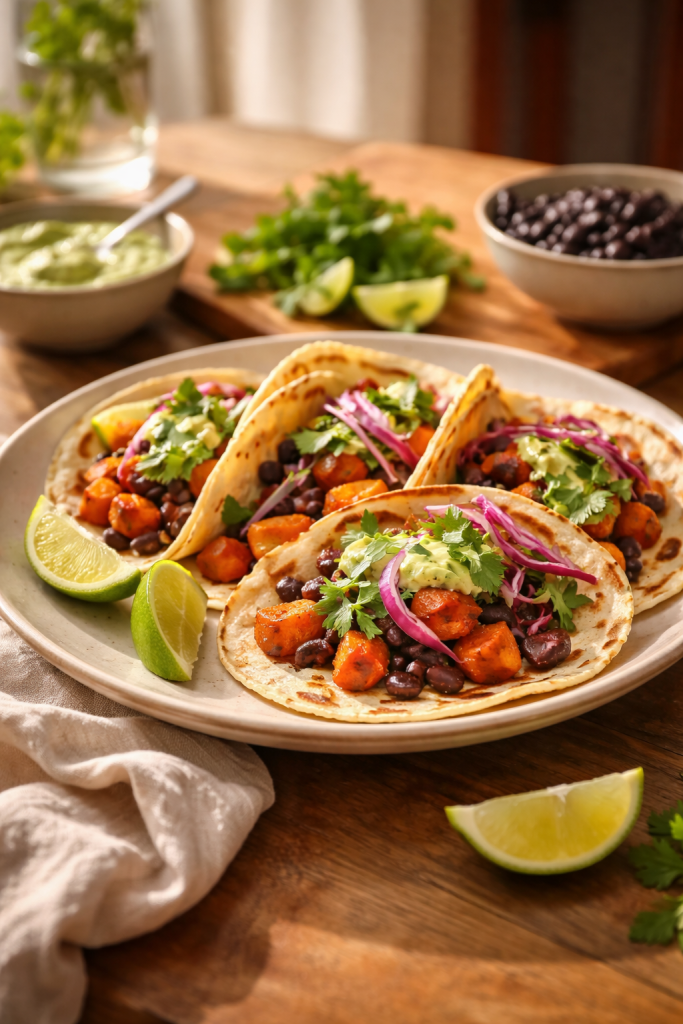 Easy air fryer sweet potato and black bean tacos for a quick weeknight dinner