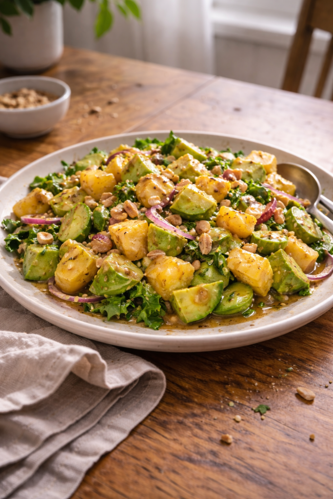 Easy avocado pineapple salad with sweet spicy peanut dressing for lunch