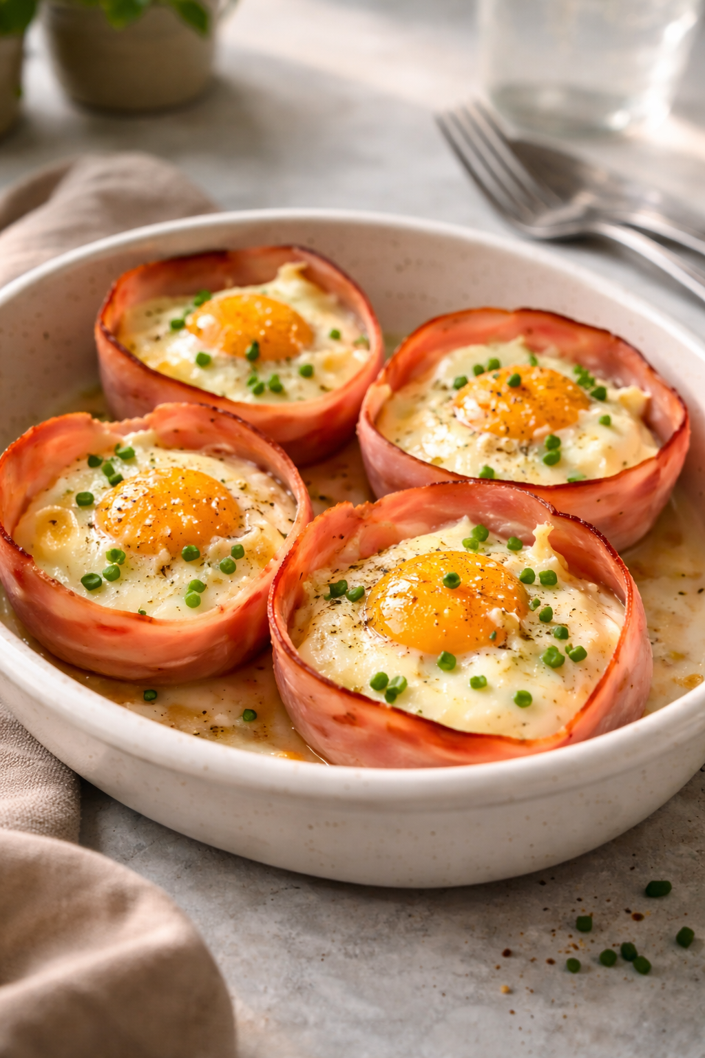 Easy baked eggs with ham prepared as a fast, low-effort hot meal using basic fridge ingredients.
