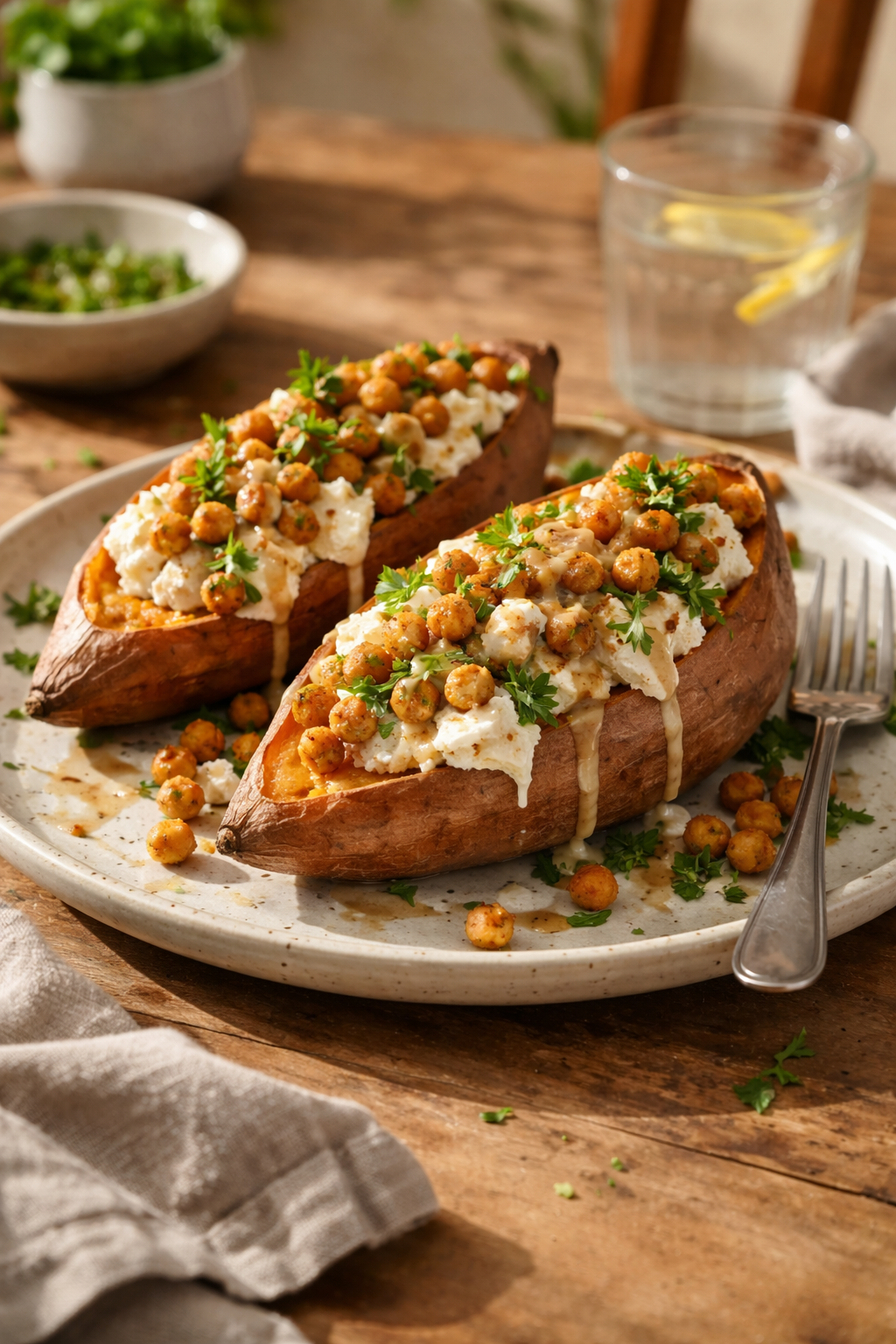 Easy weeknight baked sweet potatoes topped with creamy feta and spiced chickpeas