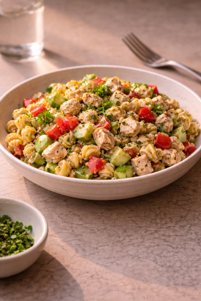 Easy chicken pasta salad prepared as a quick, filling meal for lunch or dinner