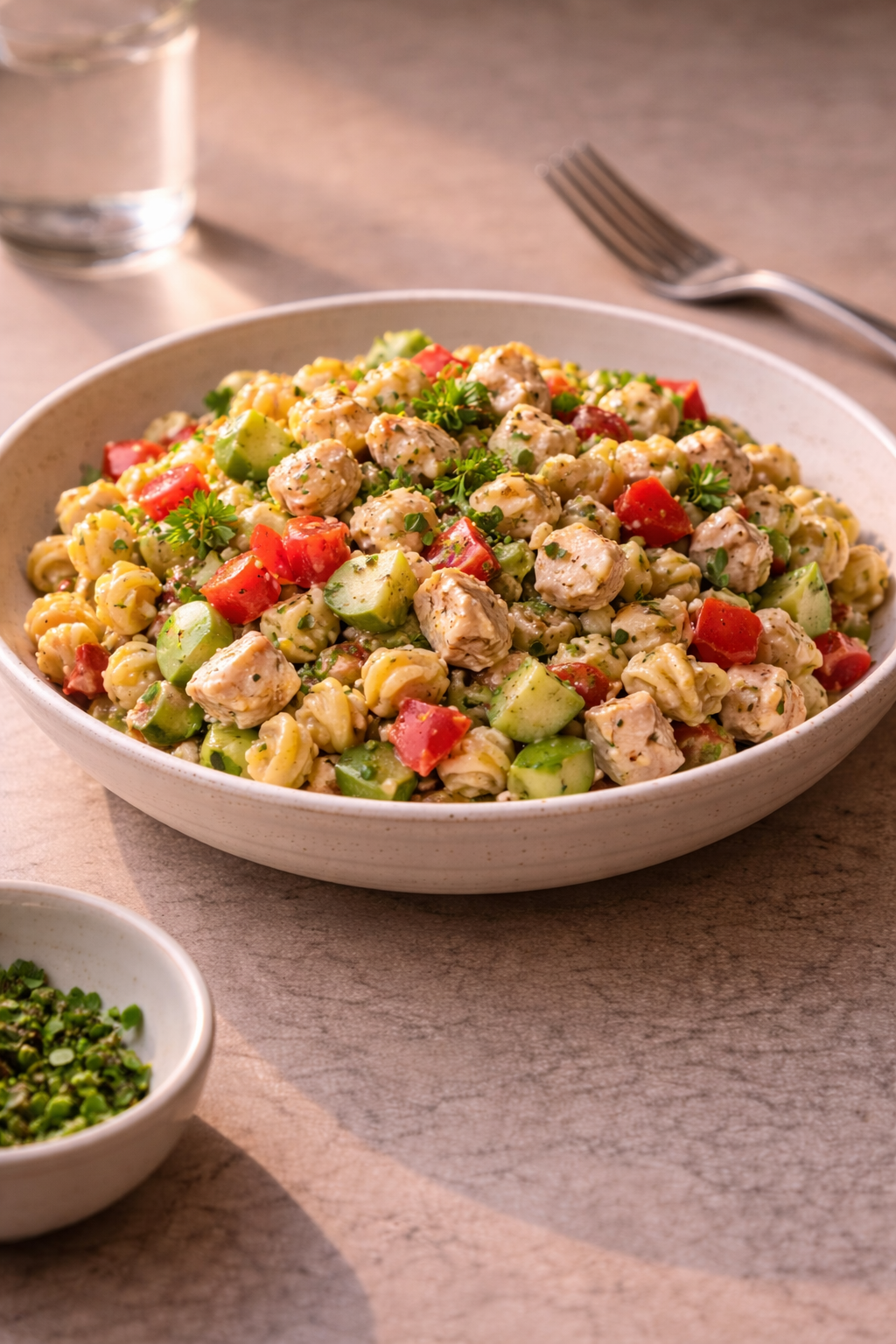 Easy chicken pasta salad prepared as a quick, filling meal for lunch or dinner