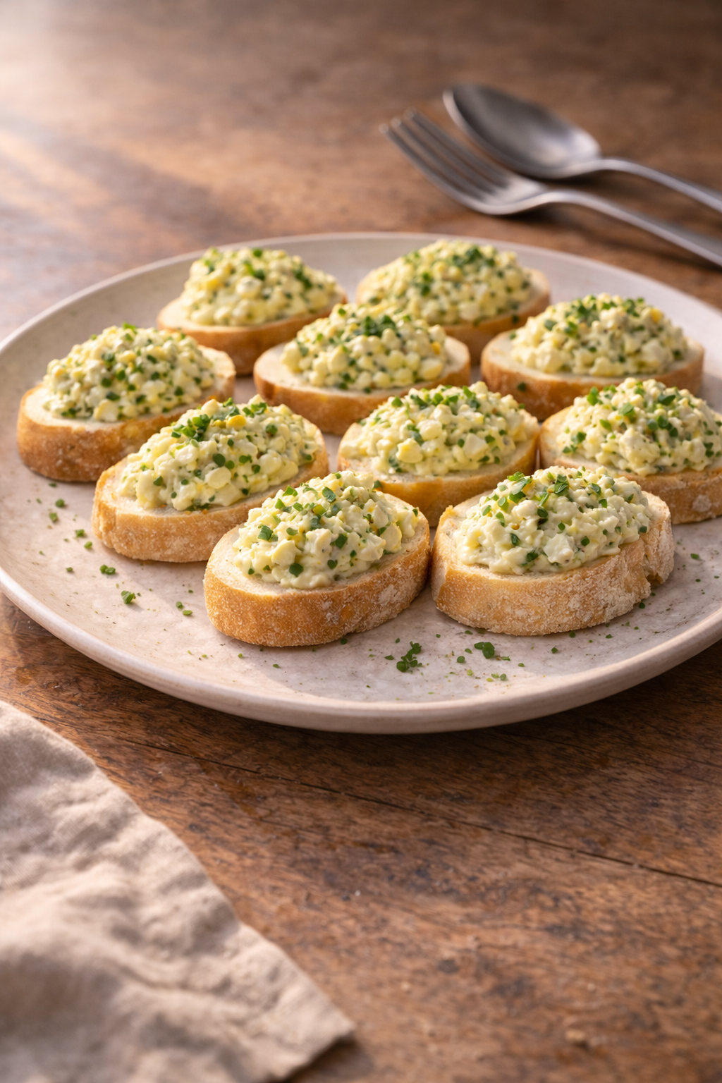 Egg spread bites prepared as a quick and easy Easter snack served on bread.
