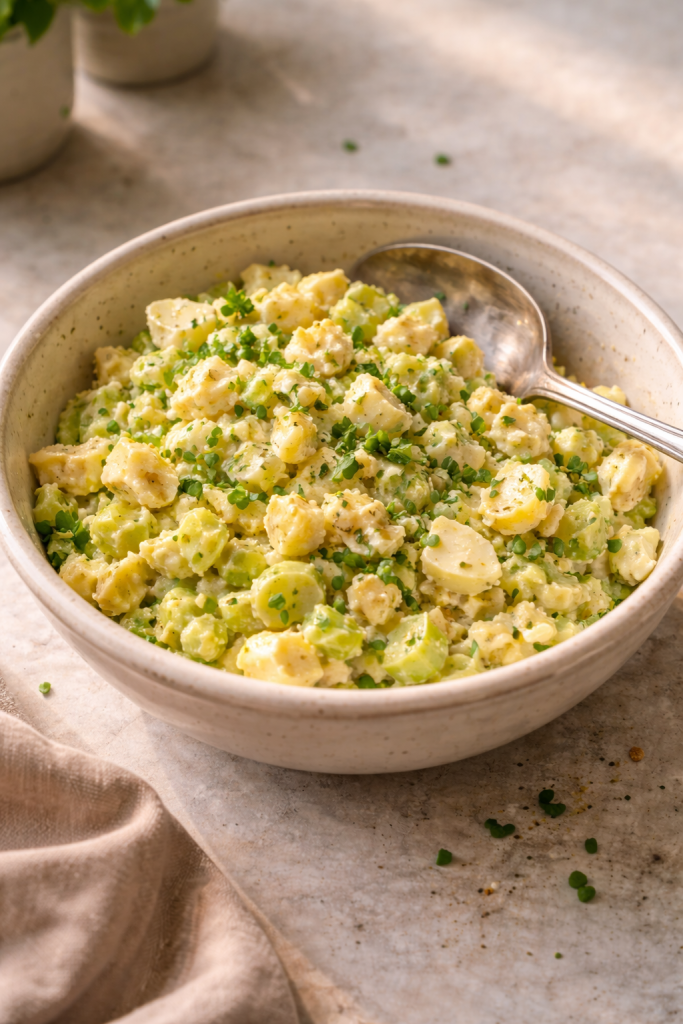 Simple egg salad with celery prepared as a quick, cheap meal for lunch or sandwiches.