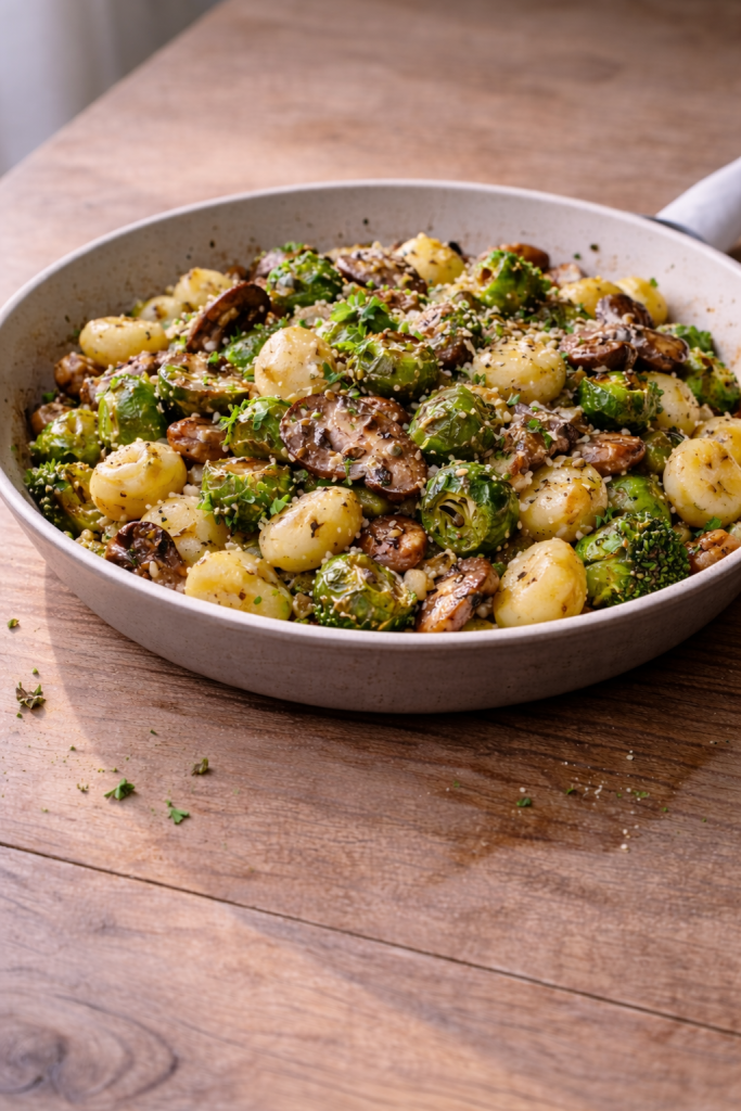 Easy gnocchi with mushrooms and Brussels sprouts made as a quick, flavorful dinner with minimal effort