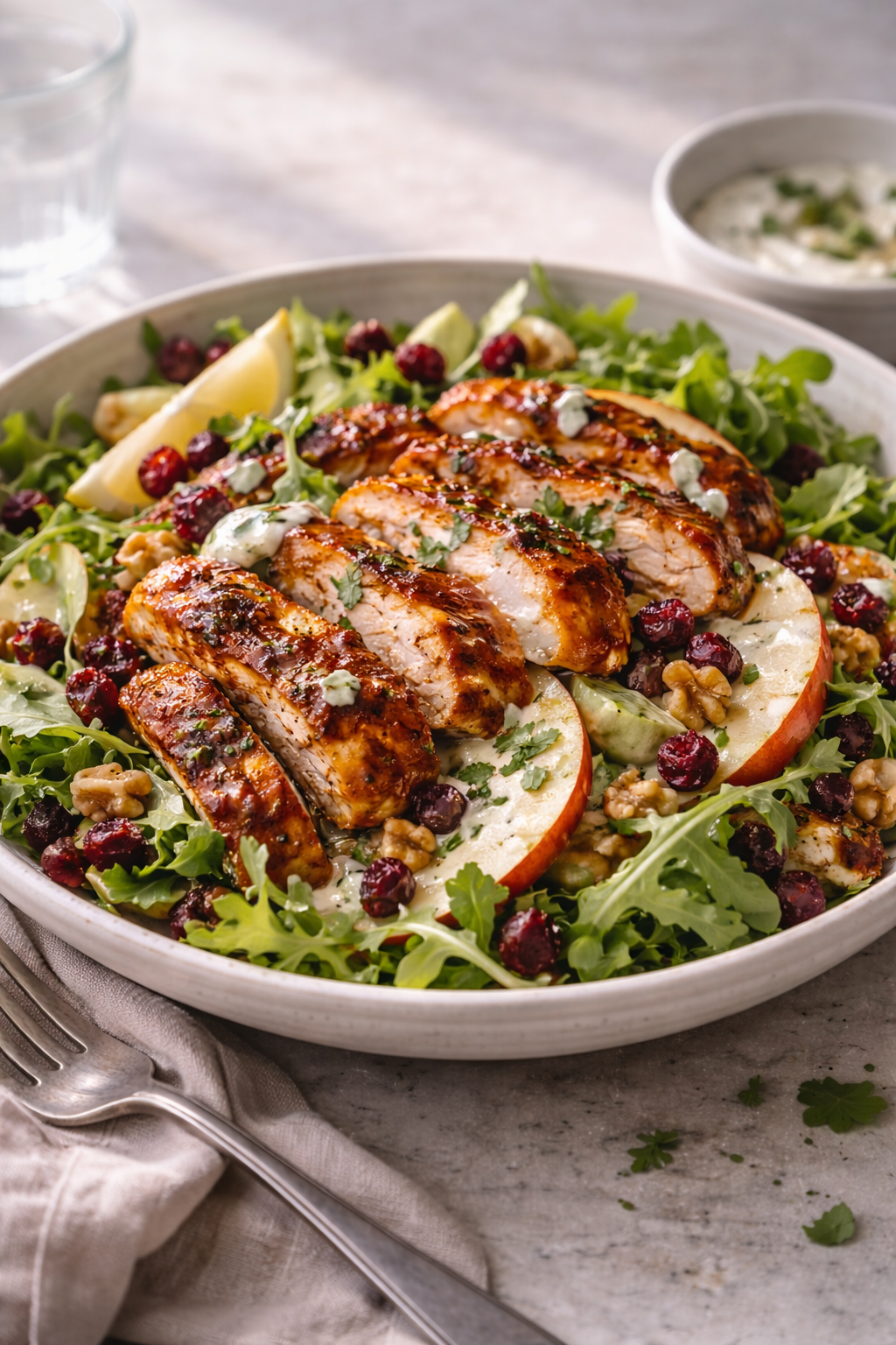 Easy harissa chicken salad with apple and creamy yogurt dressing for a no-effort meal