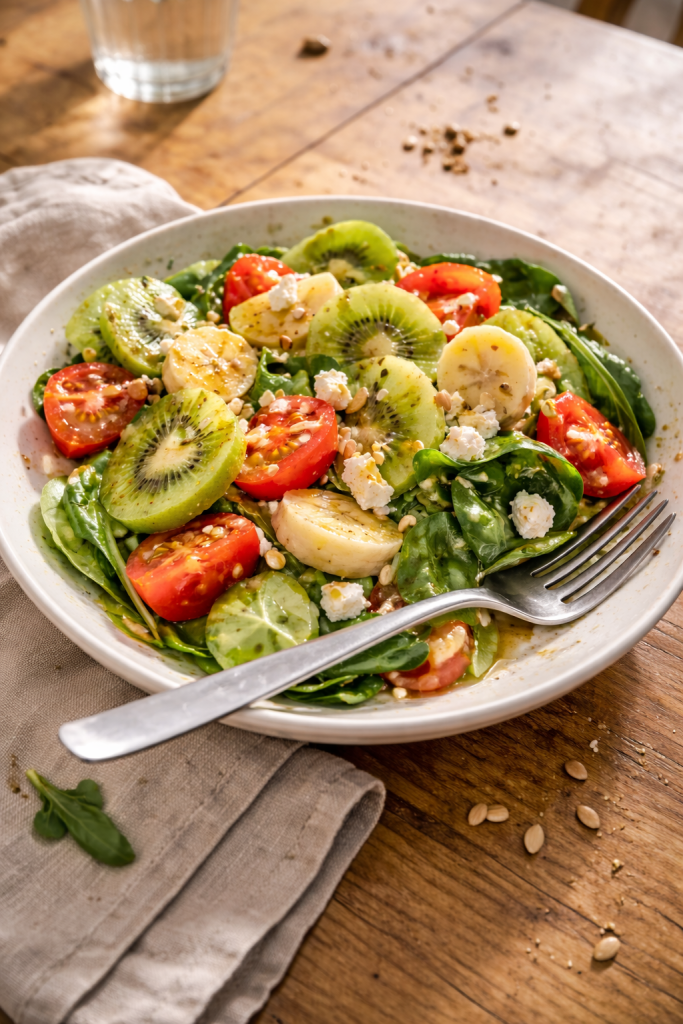 Easy sweet-savory kiwi tomato salad ready for a quick lunch