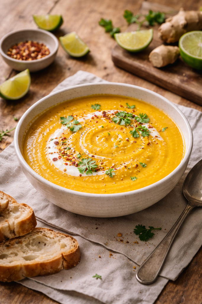 easy mango ginger lime soup served in a bowl for a light dinner