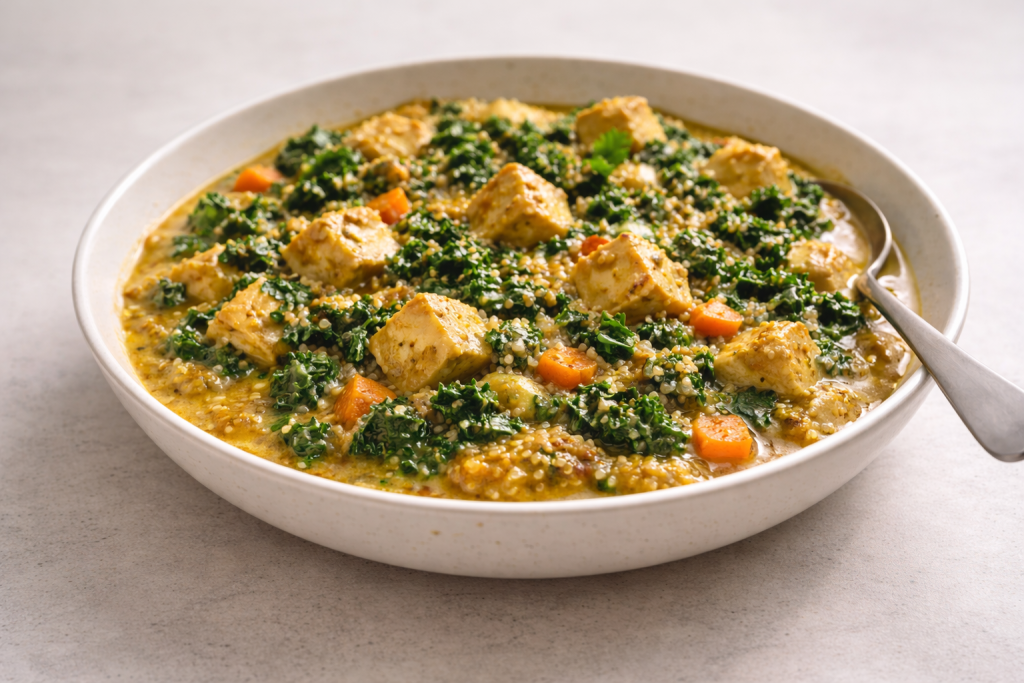 Easy quinoa curry with kale and tofu for a rich flavorful dinner