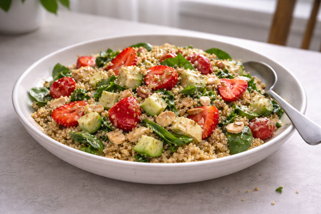 Easy quinoa and strawberry salad served as a light fresh meal