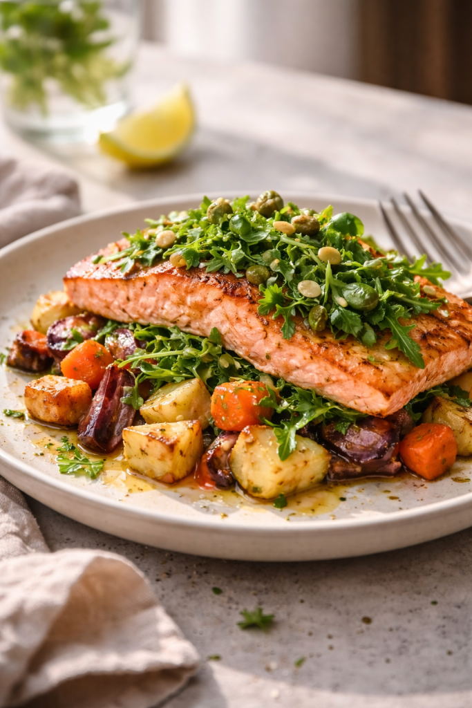 Easy salmon with roasted vegetables and arugula salsa for a balanced dinner