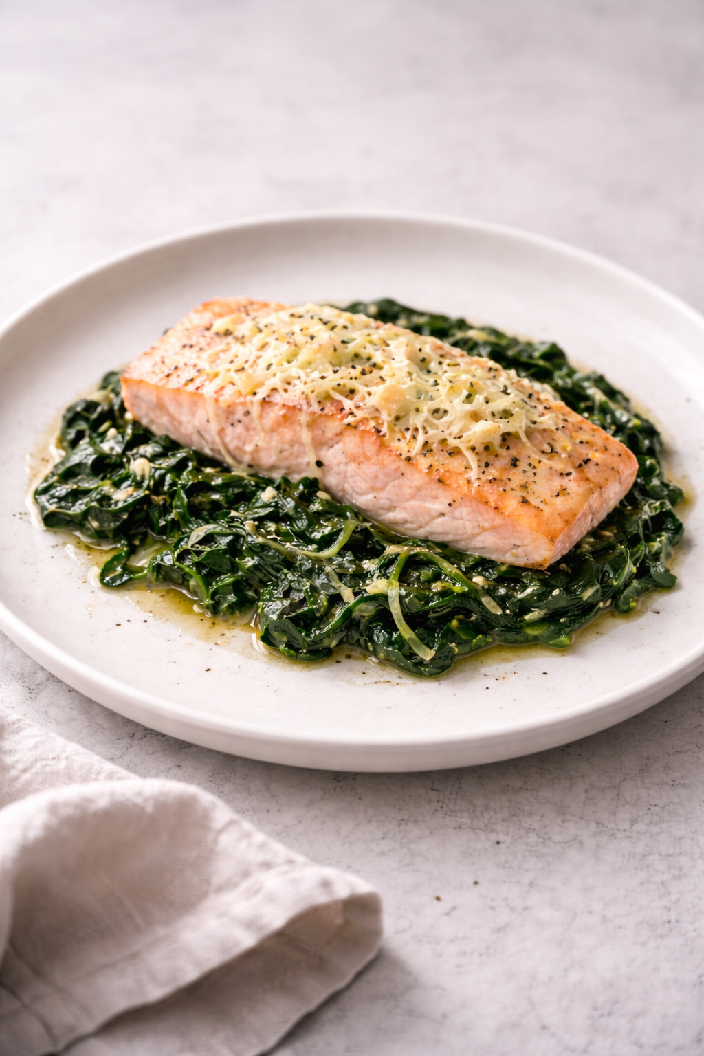 Easy salmon with spinach and light cheese for a minimal-flavor dinner