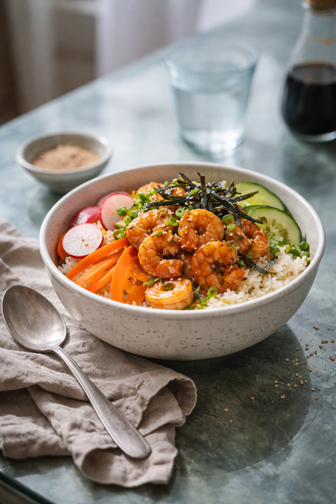 Easy shrimp donburi bowl with ginger soy drizzle for a flavorful weeknight dinner