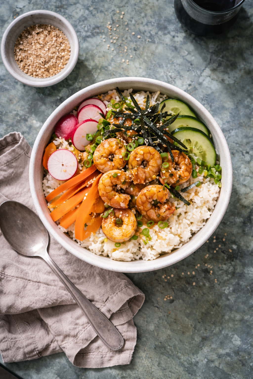 Overhead photo of an easy shrimp donburi rice bowl with fresh vegetables for a quick weeknight dinner