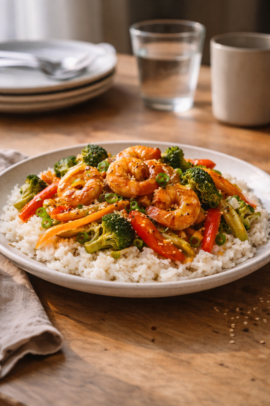 Easy shrimp stir fry with vegetables served over rice for a no-effort weeknight dinner