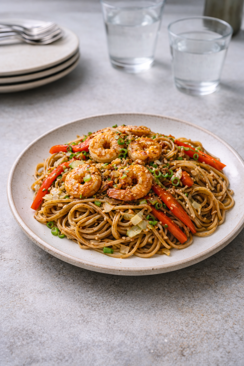 Easy homemade shrimp yakisoba noodles in a pan for a comforting weeknight dinner