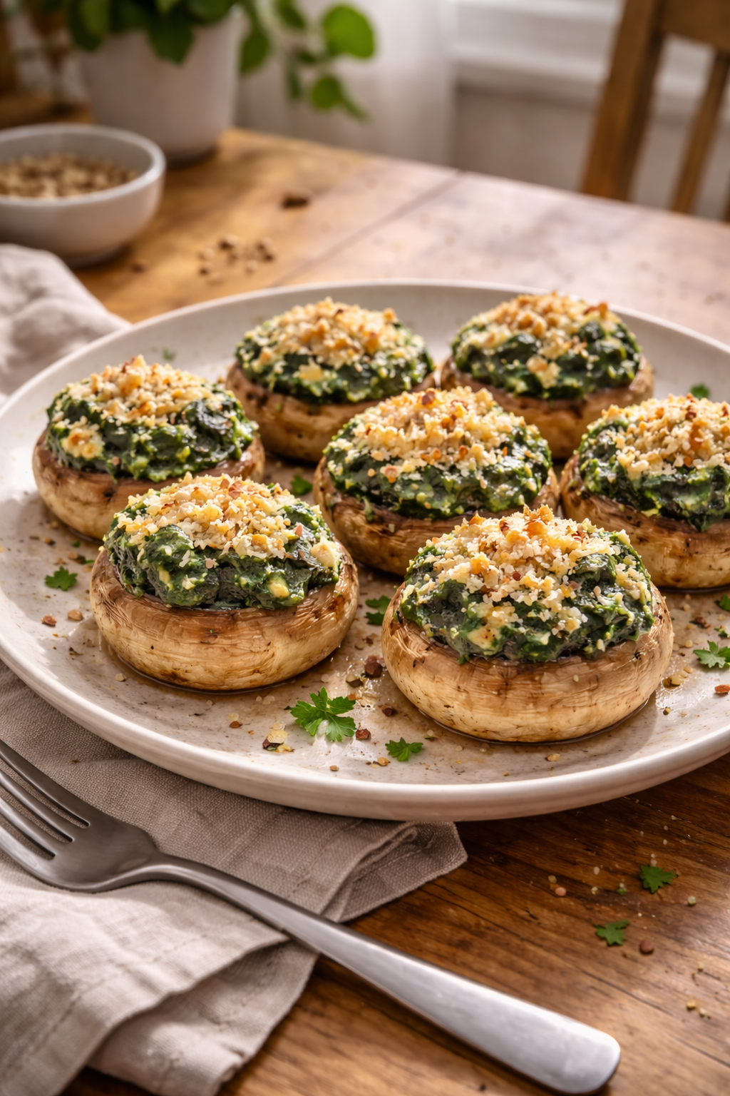 Easy spinach-stuffed mushrooms freshly baked for a quick dinner