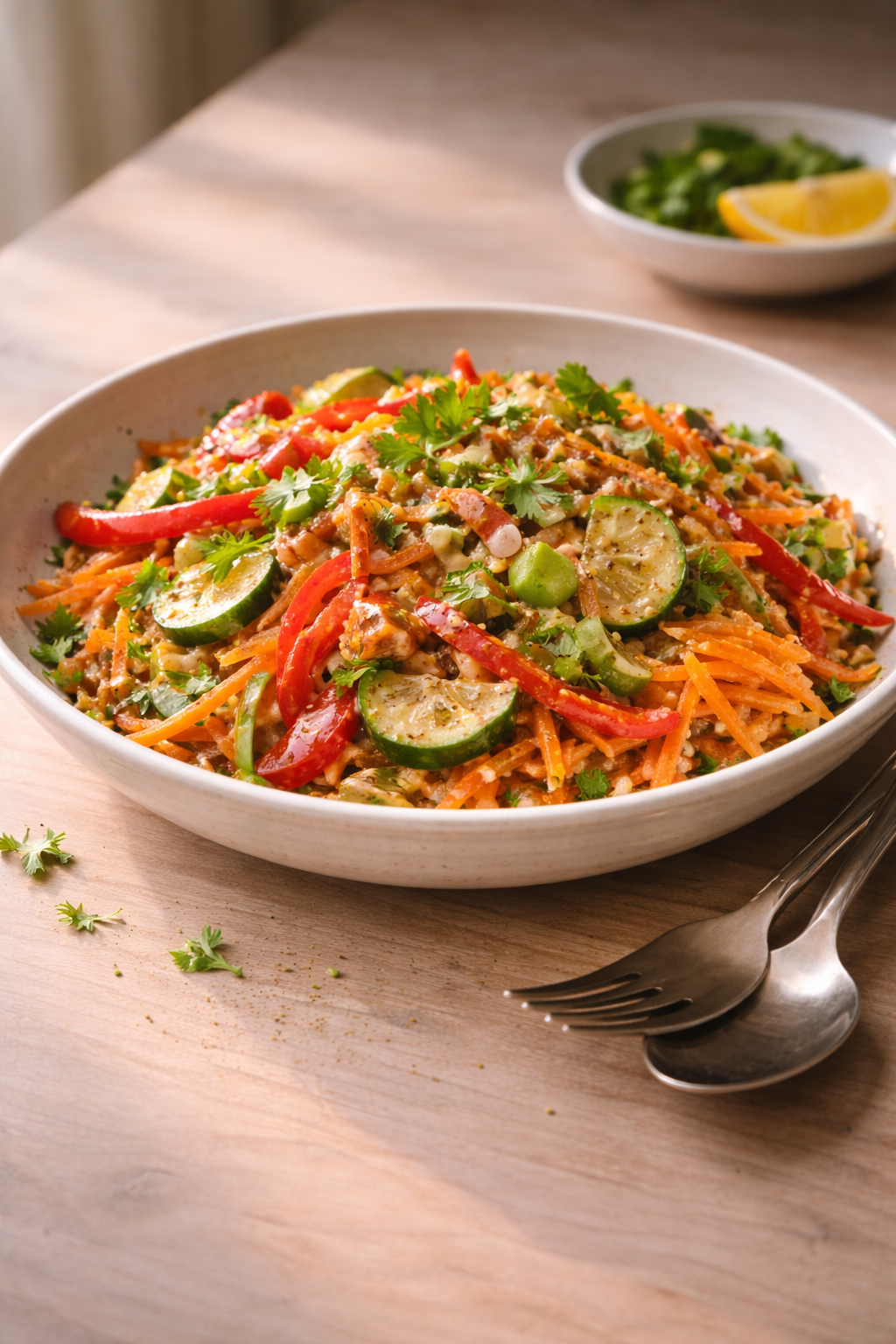 Easy vegetable salad with balanced peanut dressing made for a quick, no-cook meal with minimal effort