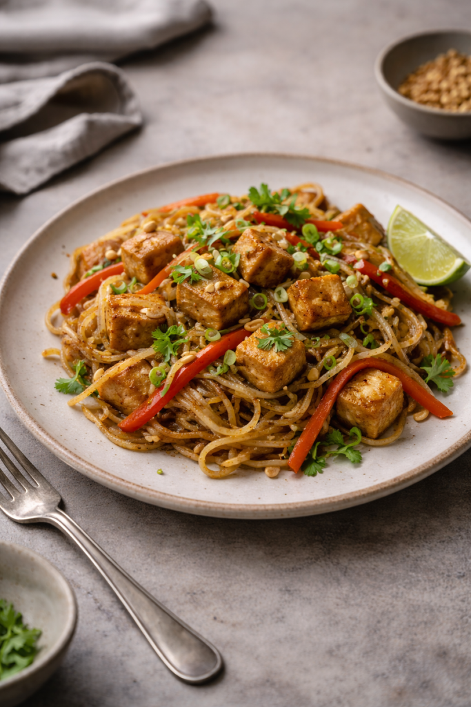 easy vegetarian pad thai with tofu and ginger served for dinner