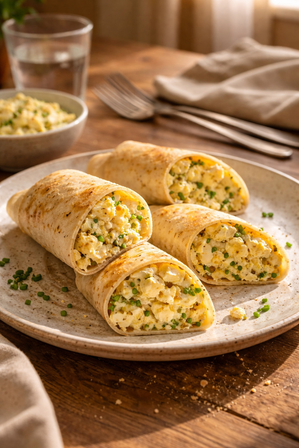 Savory egg and truffle wraps prepared as a quick evening meal that also works as next-day lunch.