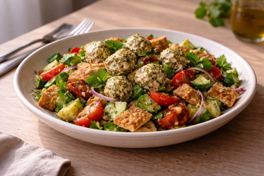 Fattoush-style salad with labneh balls served as a bold, fresh main salad