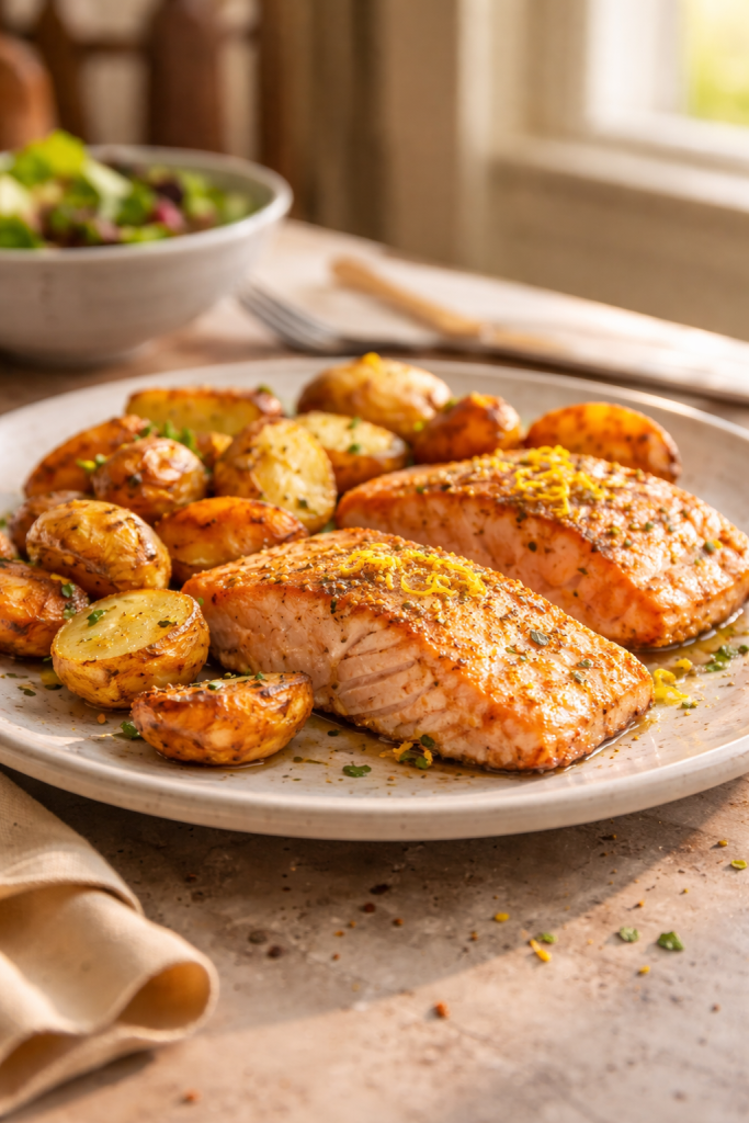 few-ingredient air fryer salmon with crispy potatoes for an easy weeknight dinner