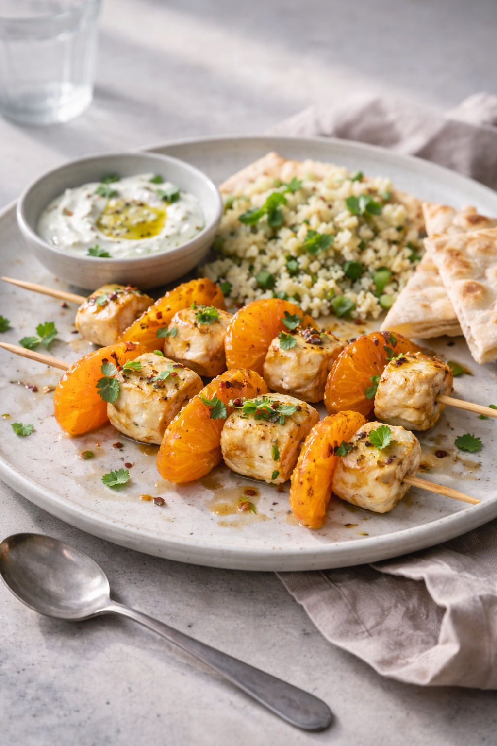 Few-ingredient halloumi skewers with clementine and chili for a quick dinner