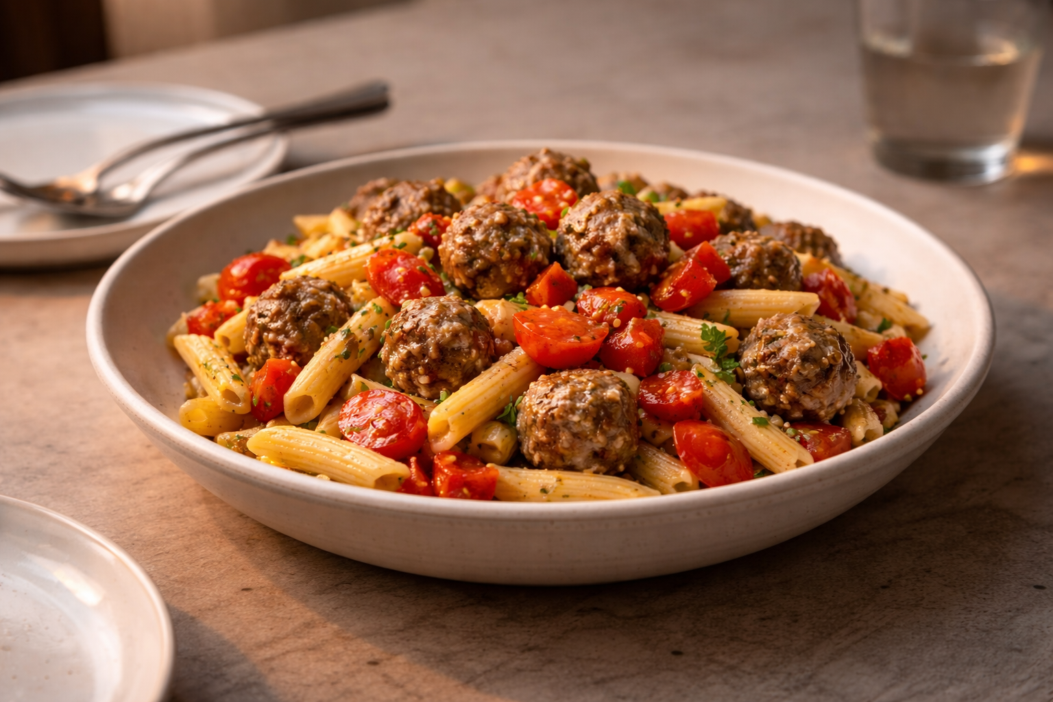 Filling pasta salad with meatballs prepared as a hearty meal that keeps you full