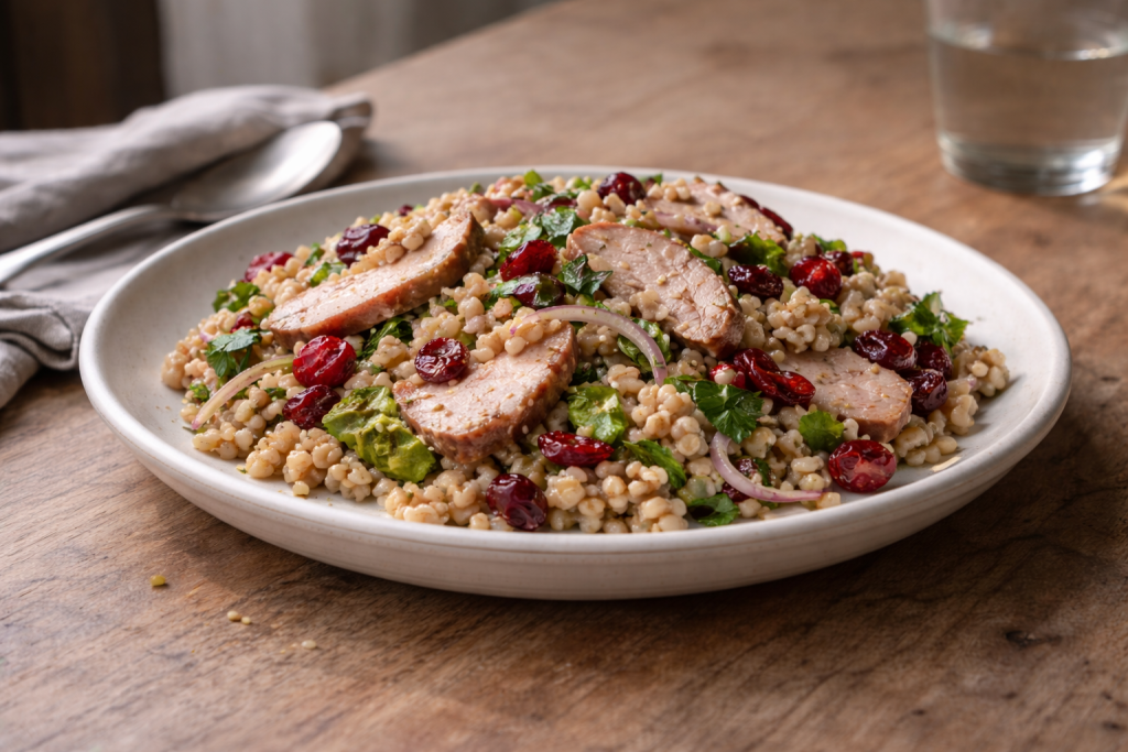 Filling pearl barley salad with pork and cranberries served as a complete, satisfying meal