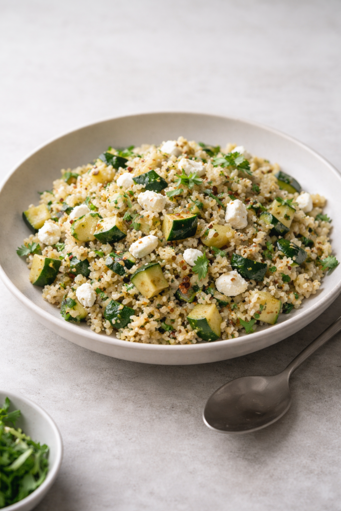 Filling zucchini bulgur salad with goat cheese made for a satisfying dinner and next-day lunch without using the oven