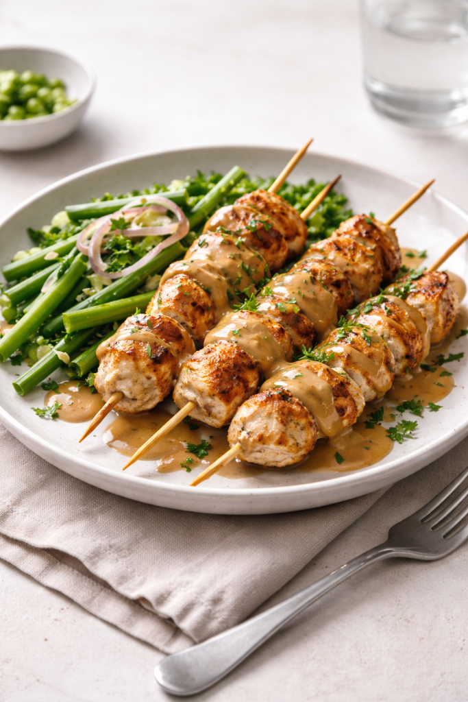 Skillet chicken skewers with peanut sauce and green beans for a flavorful dinner
