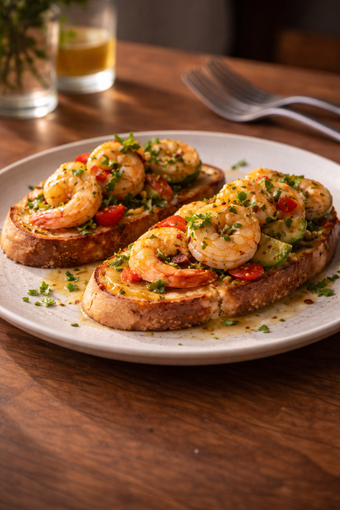 Ginger lemon shrimp served on toasted bread as a quick warm snack when you need a fast, flavorful meal without cooking for long.