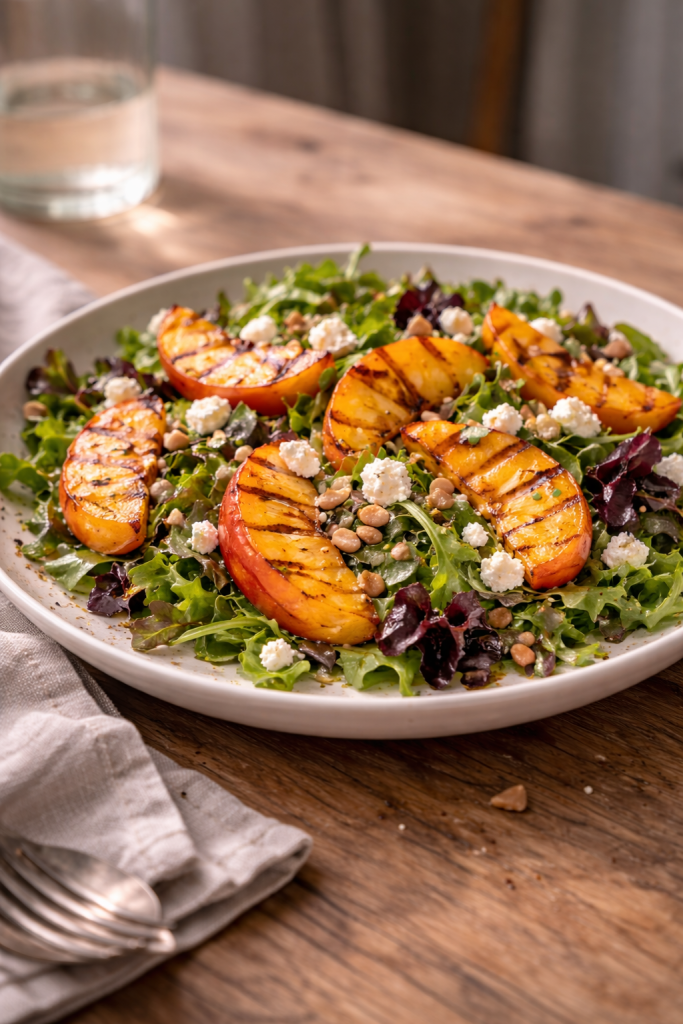 Grilled peach salad with salty cheese made quickly for a balanced, fresh meal