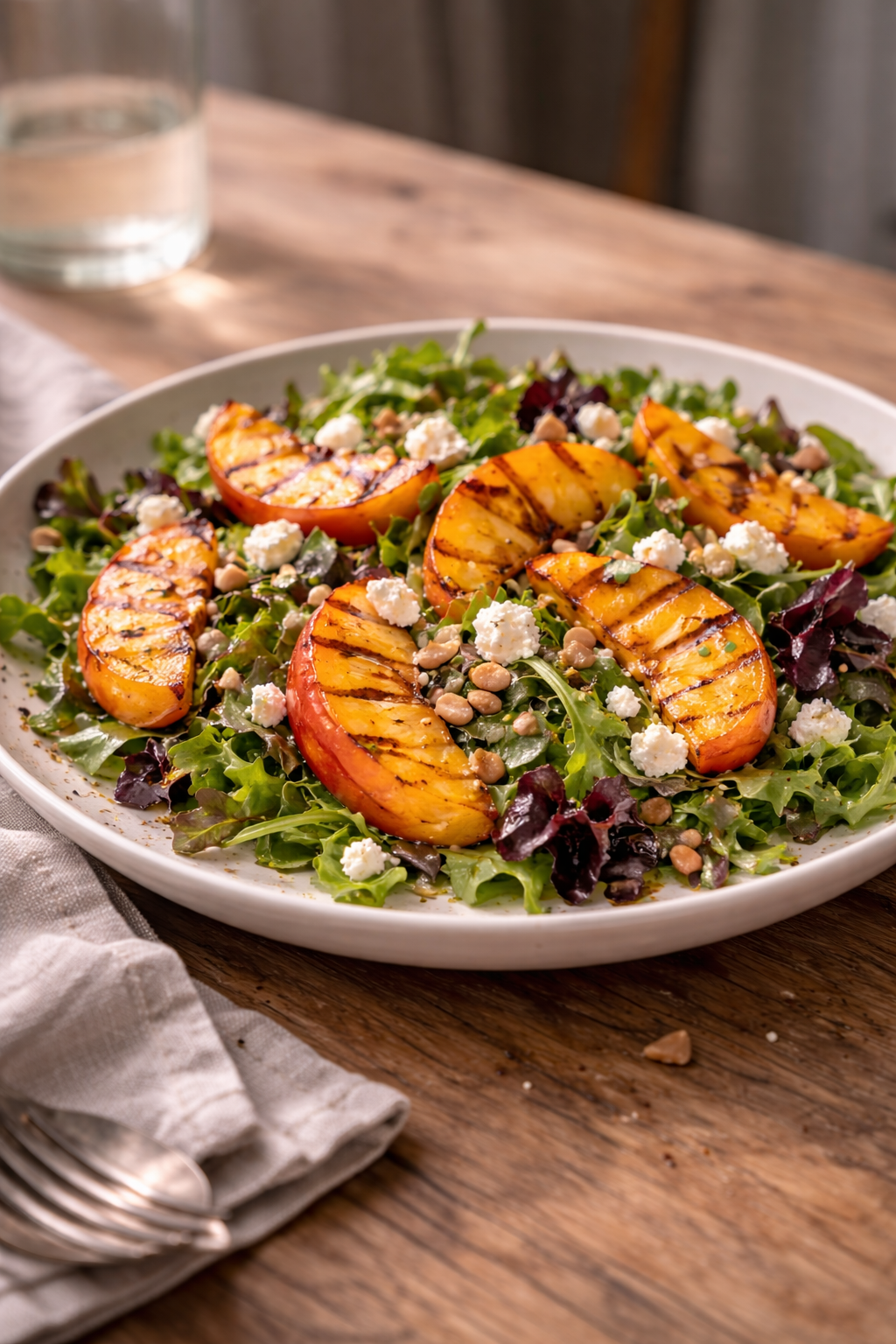 Grilled peach salad with salty cheese made quickly for a balanced, fresh meal