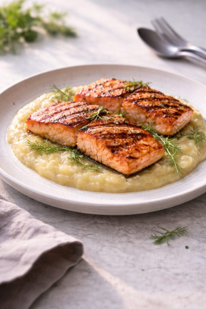 Grilled salmon served with apple and fennel purée for a light, gentle dinner