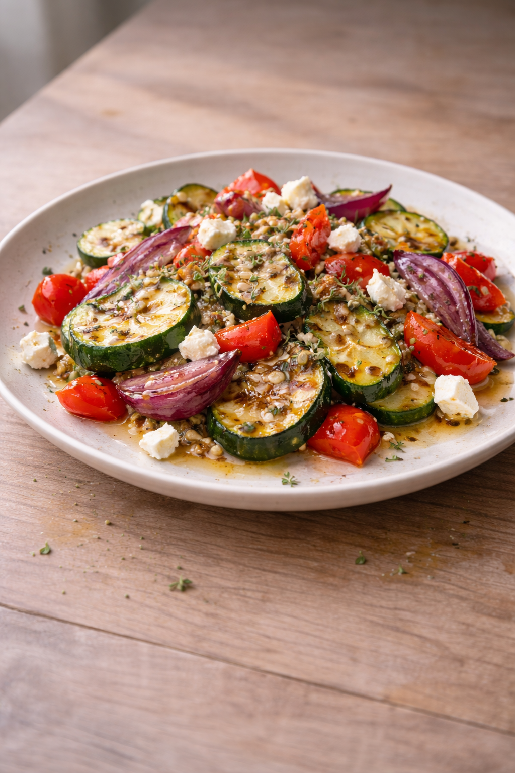 Grilled vegetable salad with feta and honey dressing made to balance smoky, salty, and sweet flavors in one simple meal