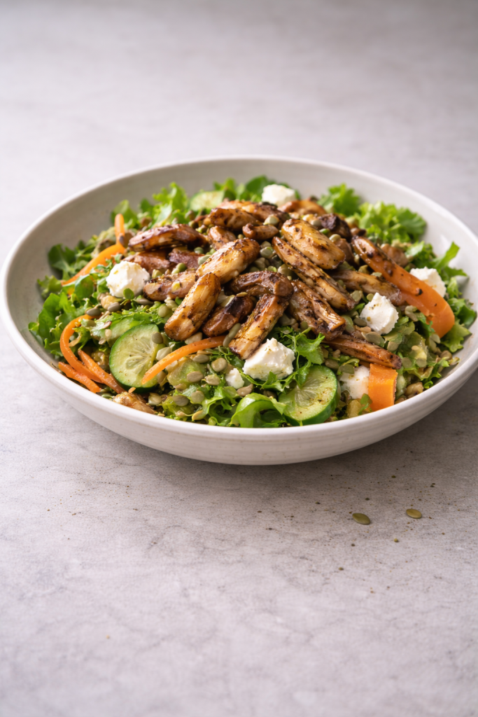 Hearty salad with pan-fried oyster mushrooms made as a varied, filling meal with warm and fresh elements