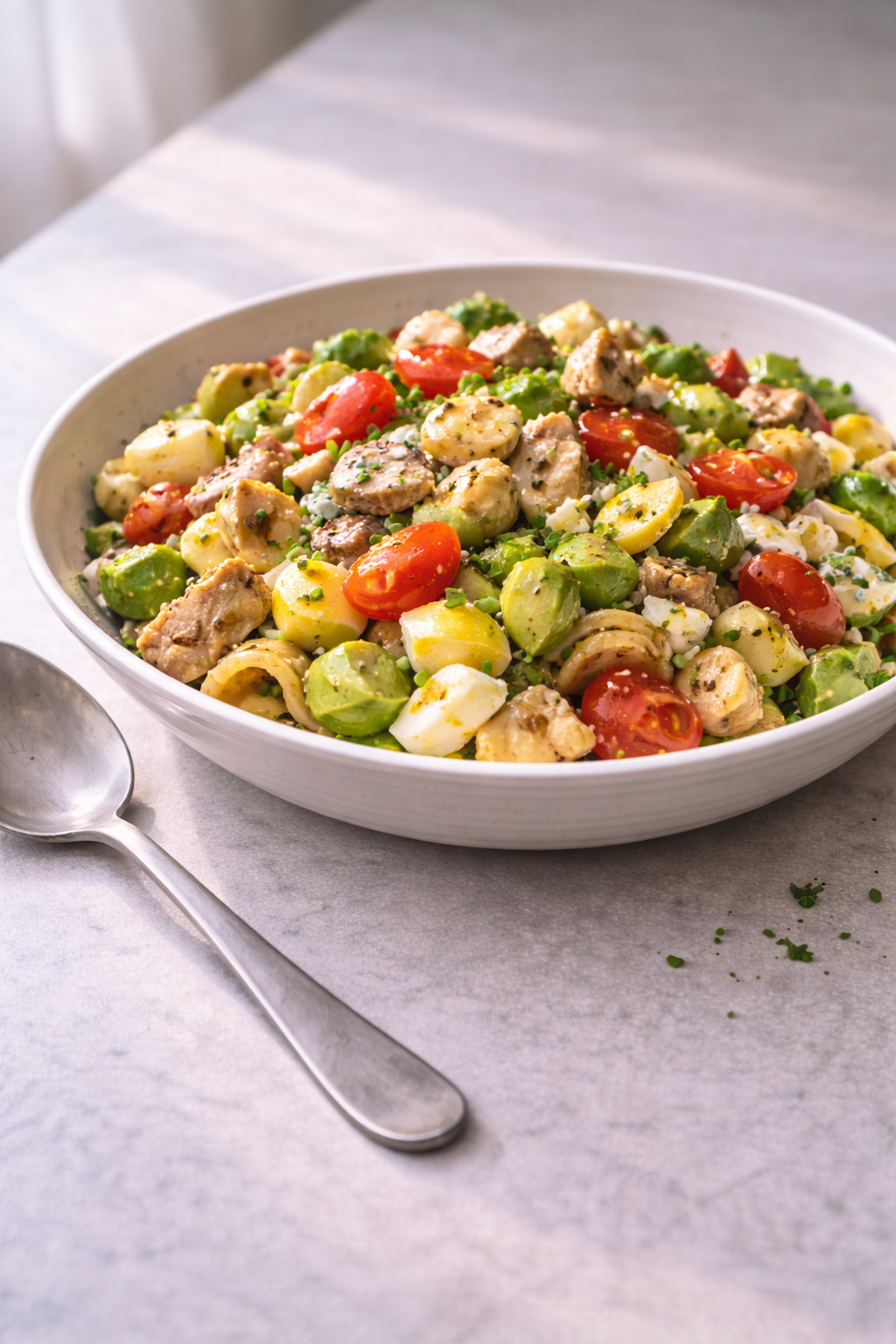 High-protein Cobb-style pasta salad made as a filling, low-effort meal for lunch or dinner