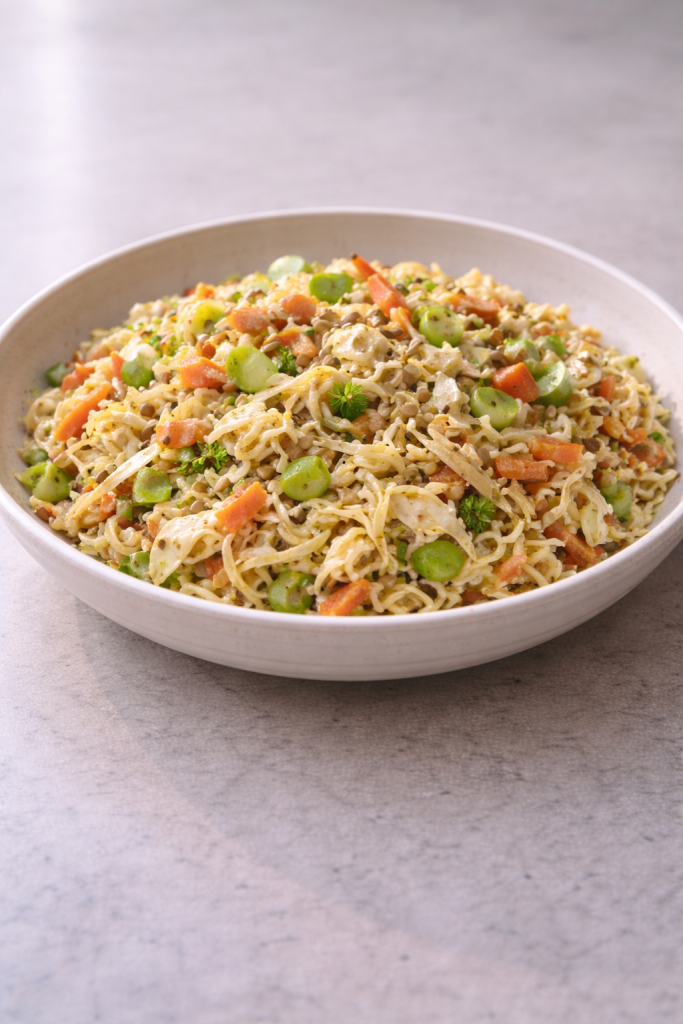 Easy instant noodle salad prepared as a quick, filling meal without cooking