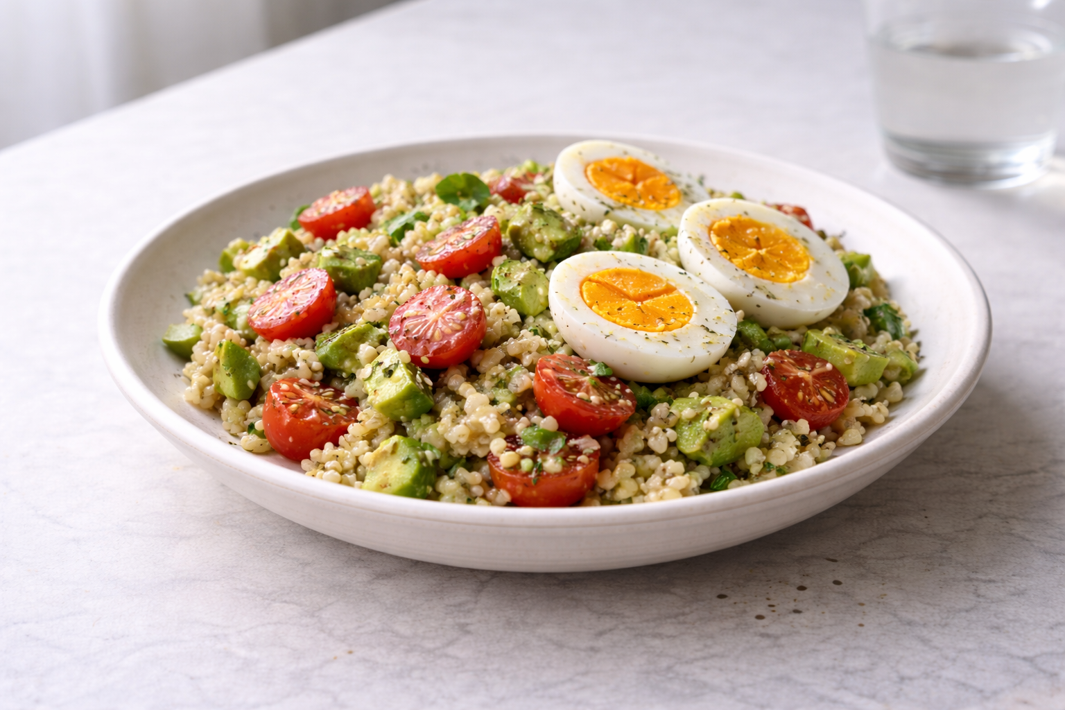 Light bulgur salad with avocado, tomatoes, and egg served as a filling yet fresh meal