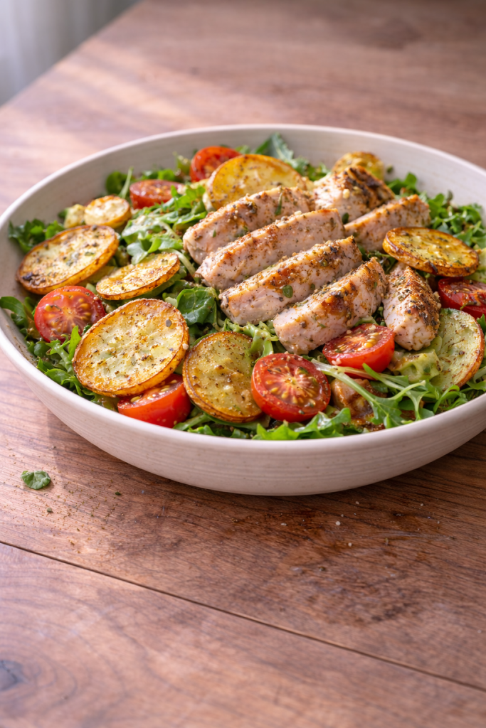 Light chicken salad with crispy potato slices made for a crunchy, fresh meal without heaviness