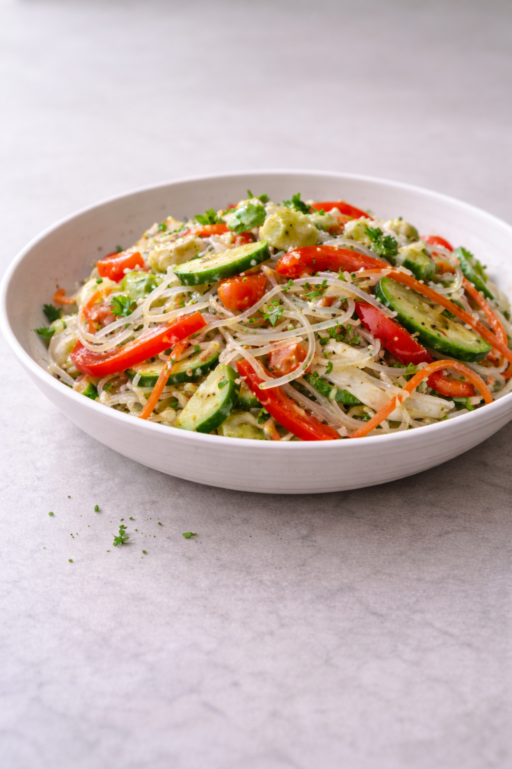 Light konjac noodle salad made as a quick, refreshing meal with fresh vegetables
