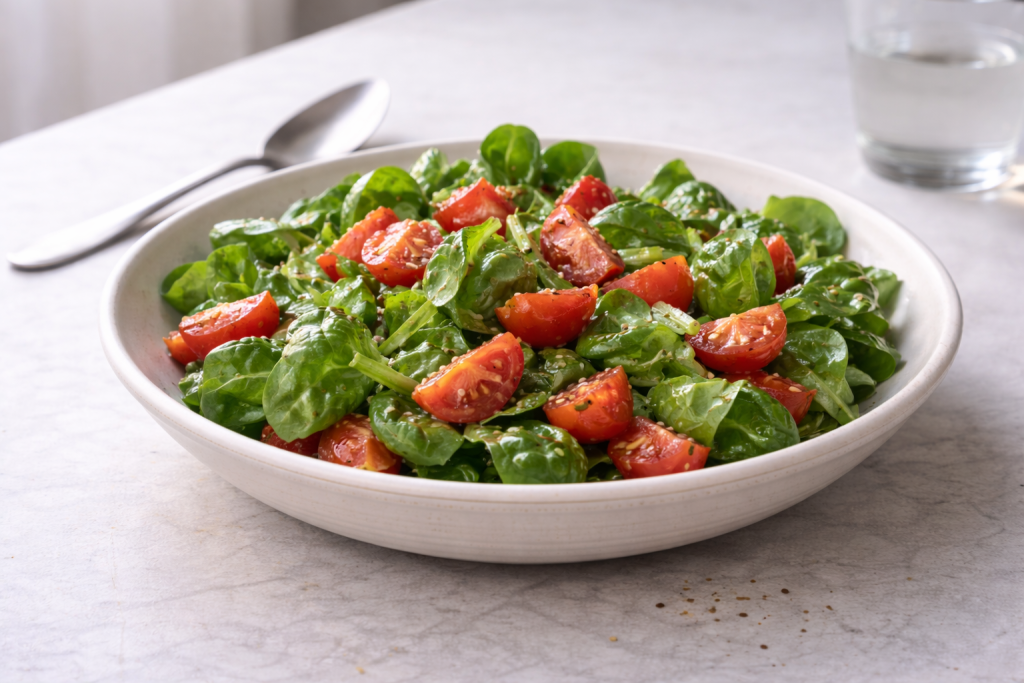 Light lamb’s lettuce and tomato salad served as a quick snack or simple side dish