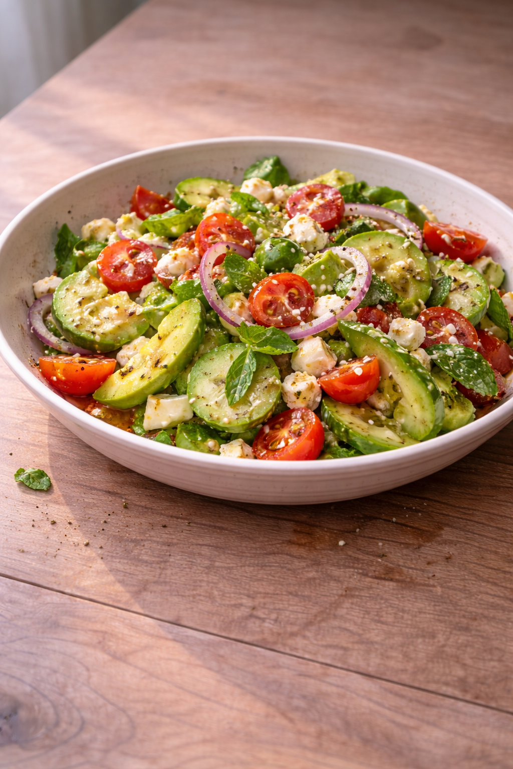 Light and refreshing fitness-style salad made for a quick, hydrating meal with fresh vegetables