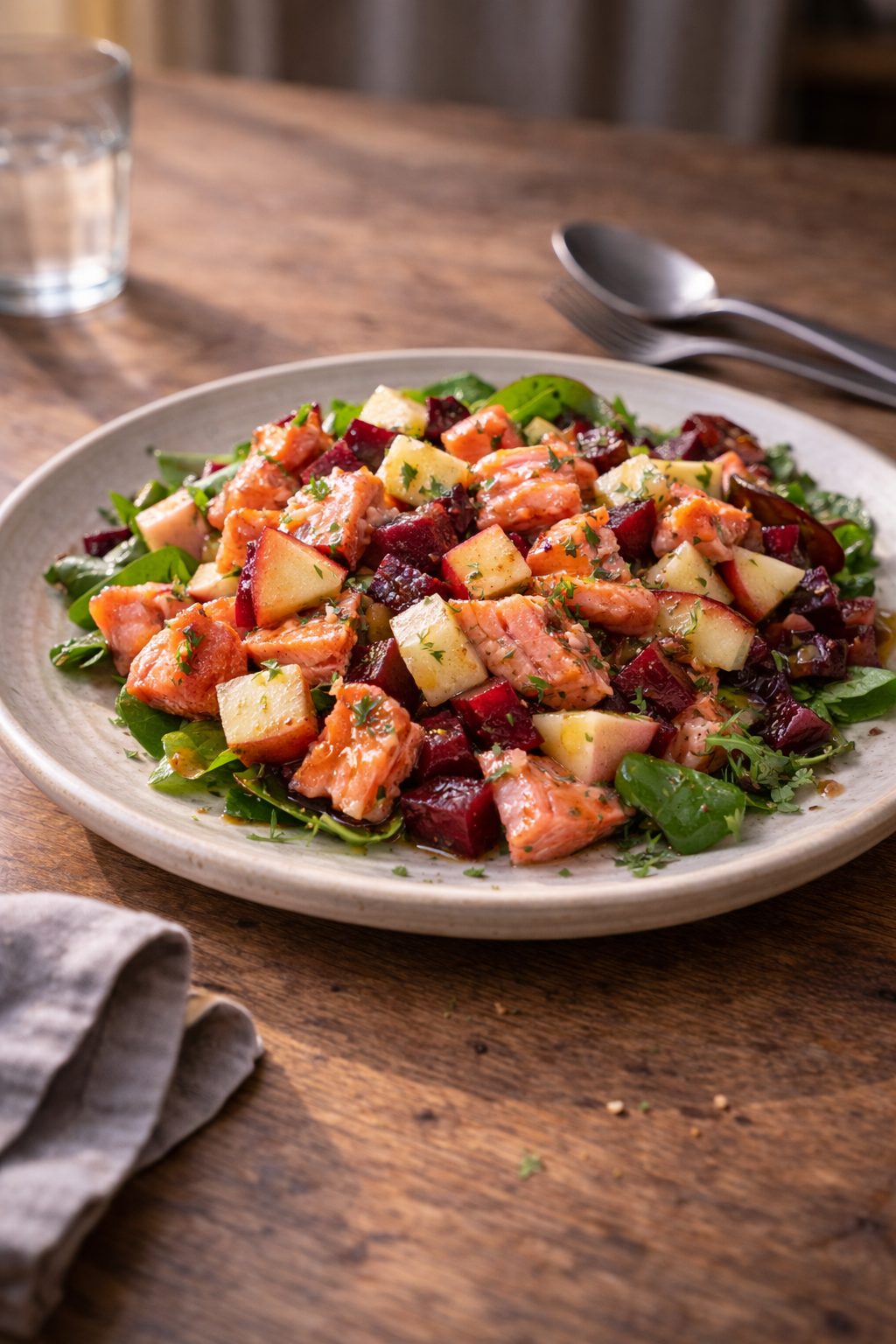 Light salmon salad with apple and beetroot prepared quickly for an easy, refreshing meal
